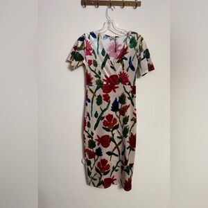 Zara Trafal Velvet Cream Burgundy Navy Floral V-Neck Midi Women’s Dress Medium M